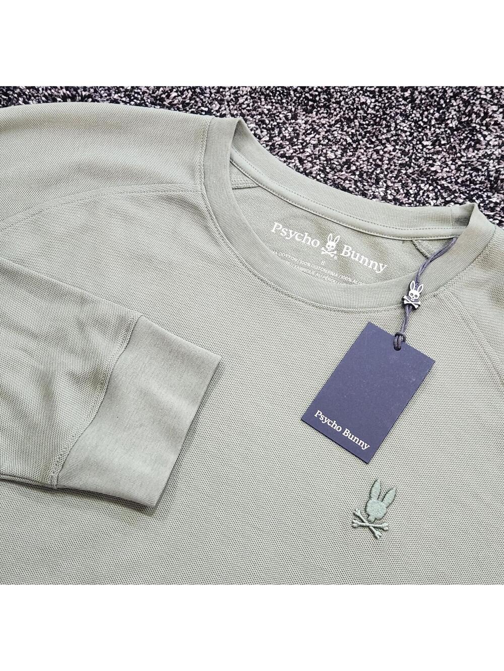 Psycho Bunny Pima Cotton Green Heathered Long Sleeve Crew T Shirt Men's 8 (2XL)